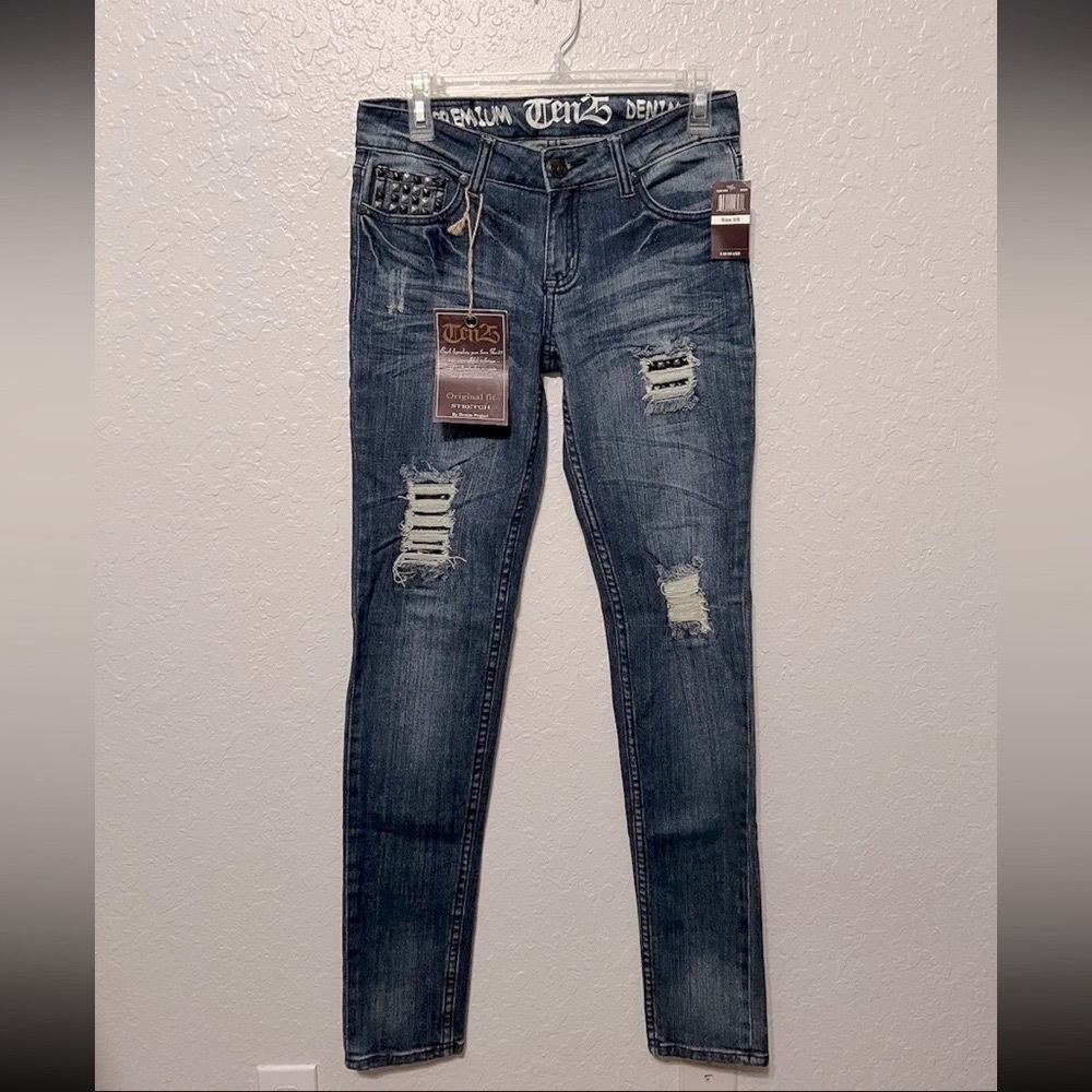 NWT Ten25 Womens Juniors Premium Denim Jeans Sz 5/6 Lowrise Skinny Ripped Acid